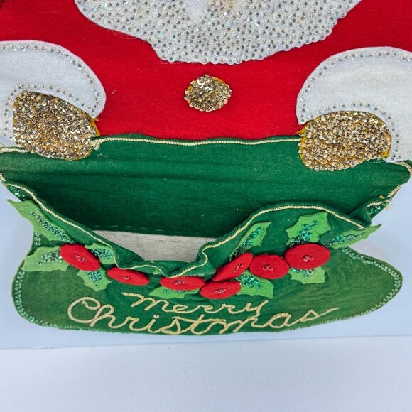 Vintage Handmade Felt Santa Wall Hanging Christmas Card Holder Sequins 23" Retro - Picture 7 of 12